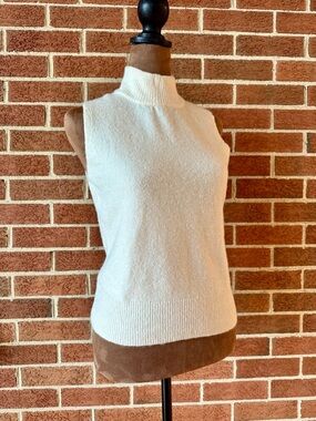 Tahari Knit Pullover Sweater Ivory Sleeveless Mock Neck, Size XS